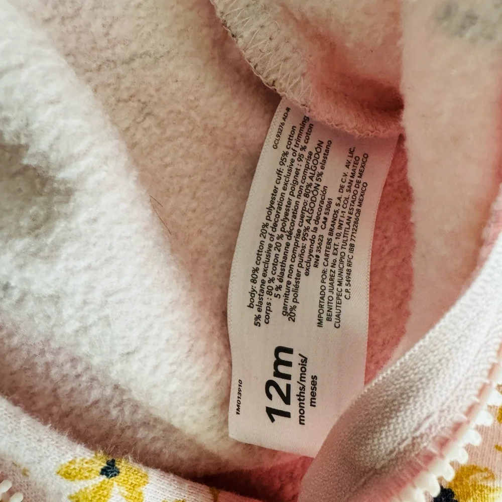 Carter’s Floral Zip up Fleece Jumpsuit of baby 12 mo GUC